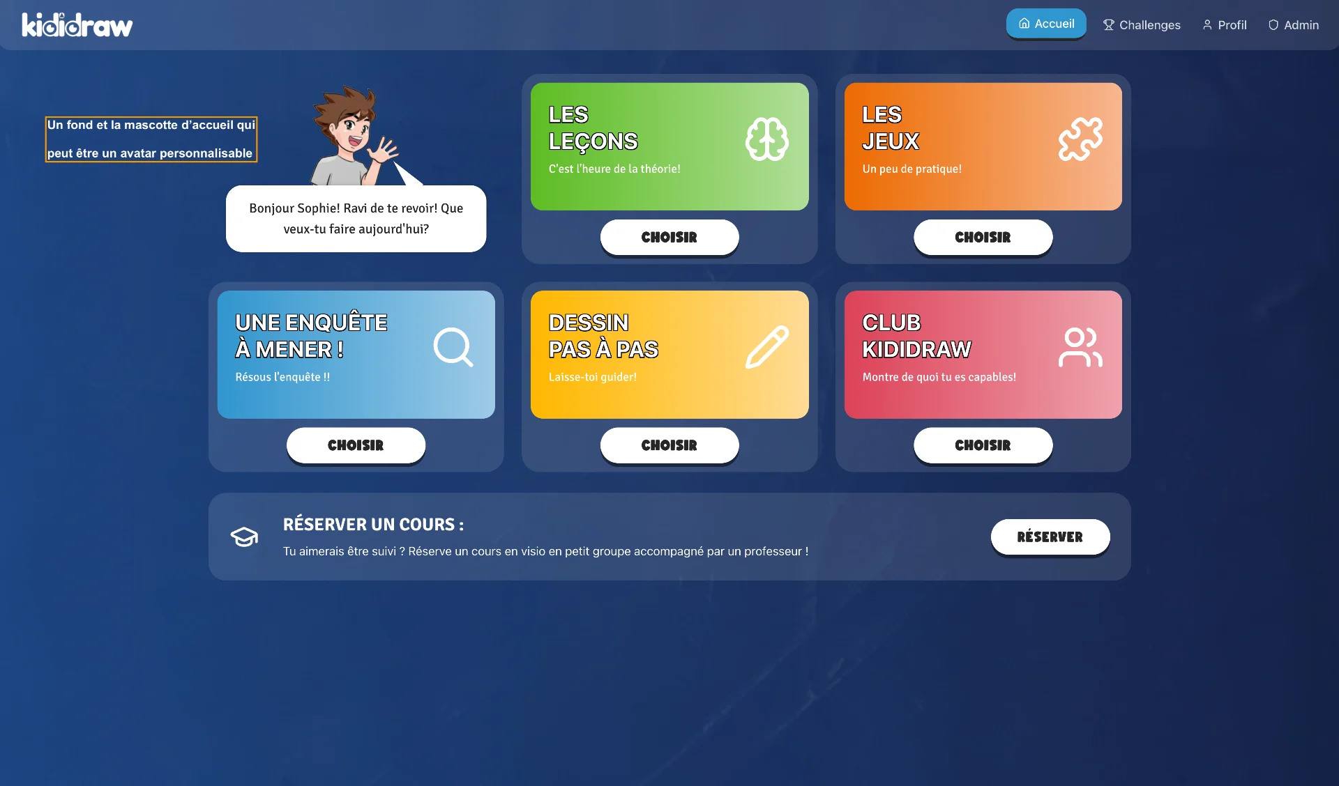 Accueil de la plateforme Kididraw avec leçons, jeux et défis